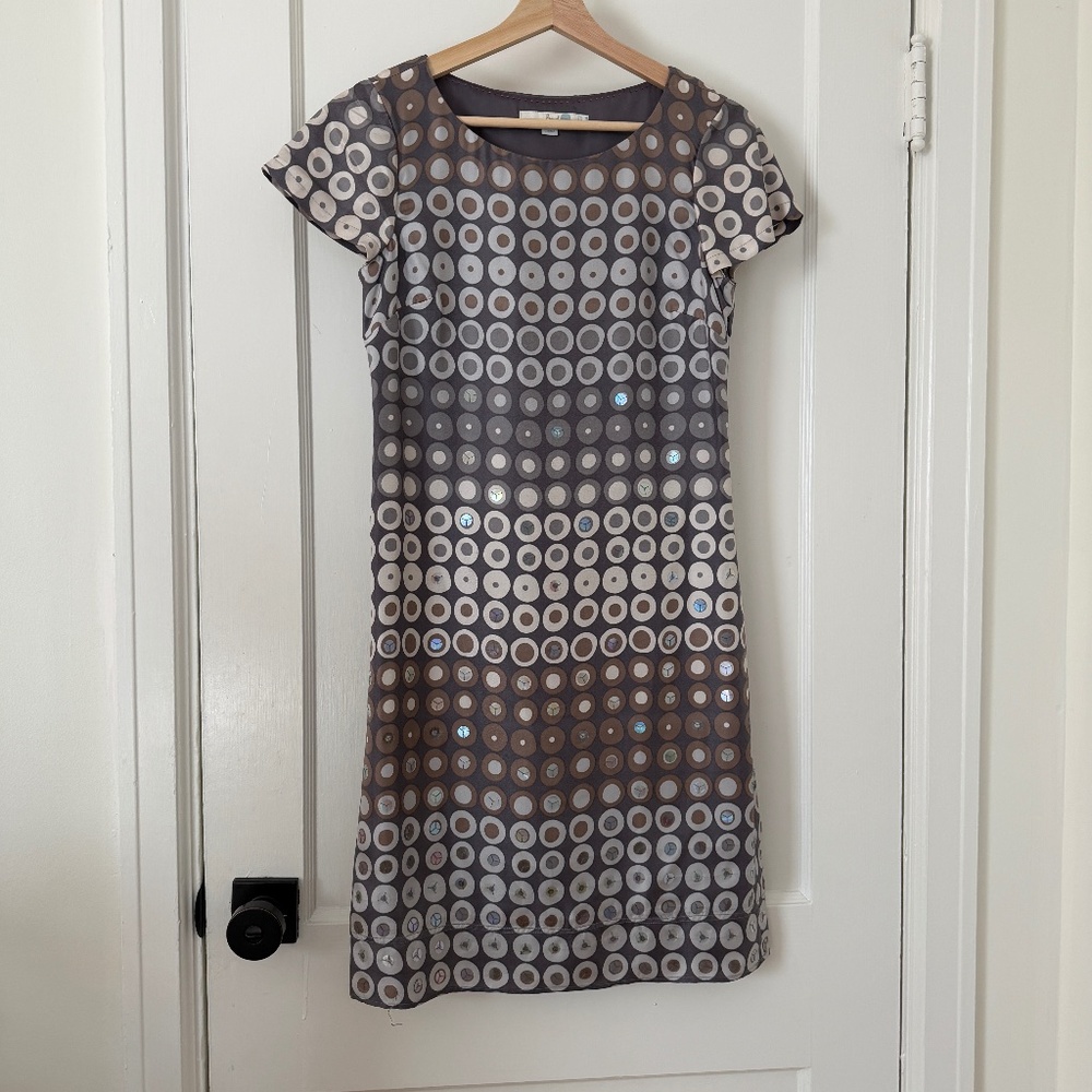 Boden Silk Mod Print Geometric Sequin Shift Dress Womans US 4 UK8: Classic Retro
